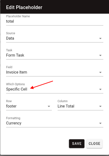 Footer total mapping configuration showing specific cell selection for grid totals