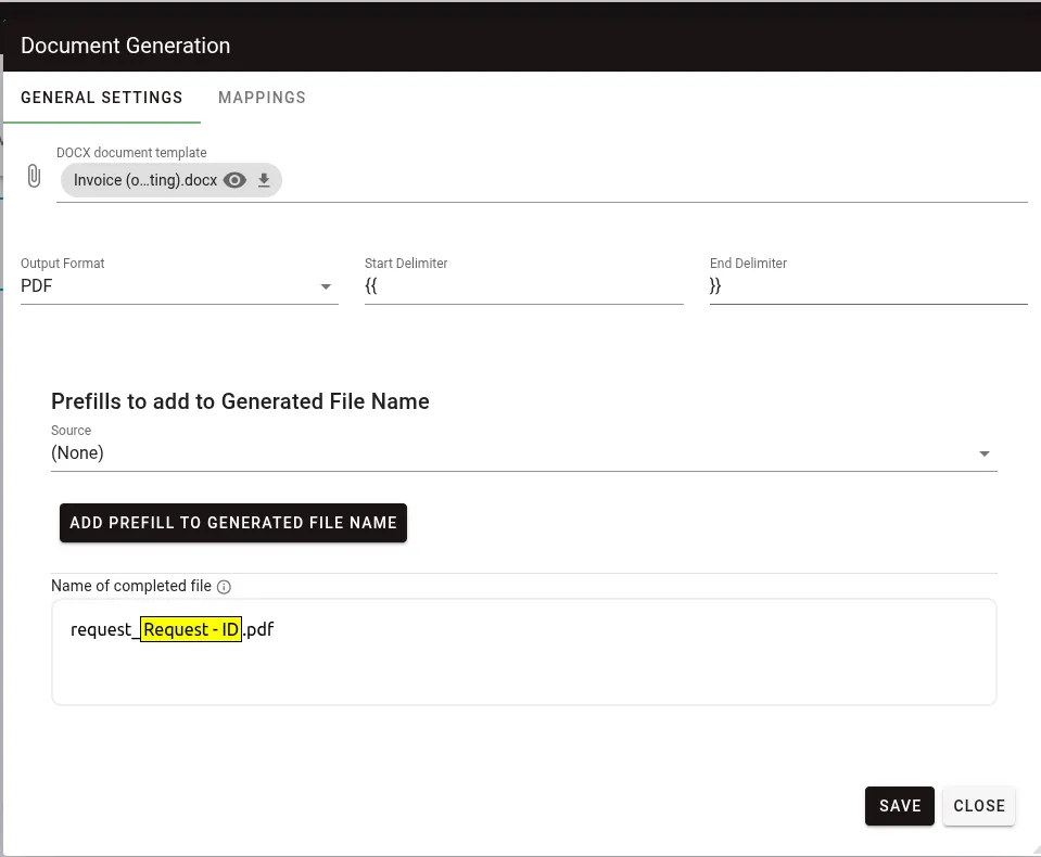 General Settings tab showing template upload, output format, and delimiter configuration