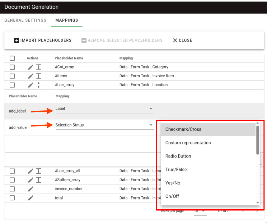 Loop placeholder internal mapping showing label and value assignments