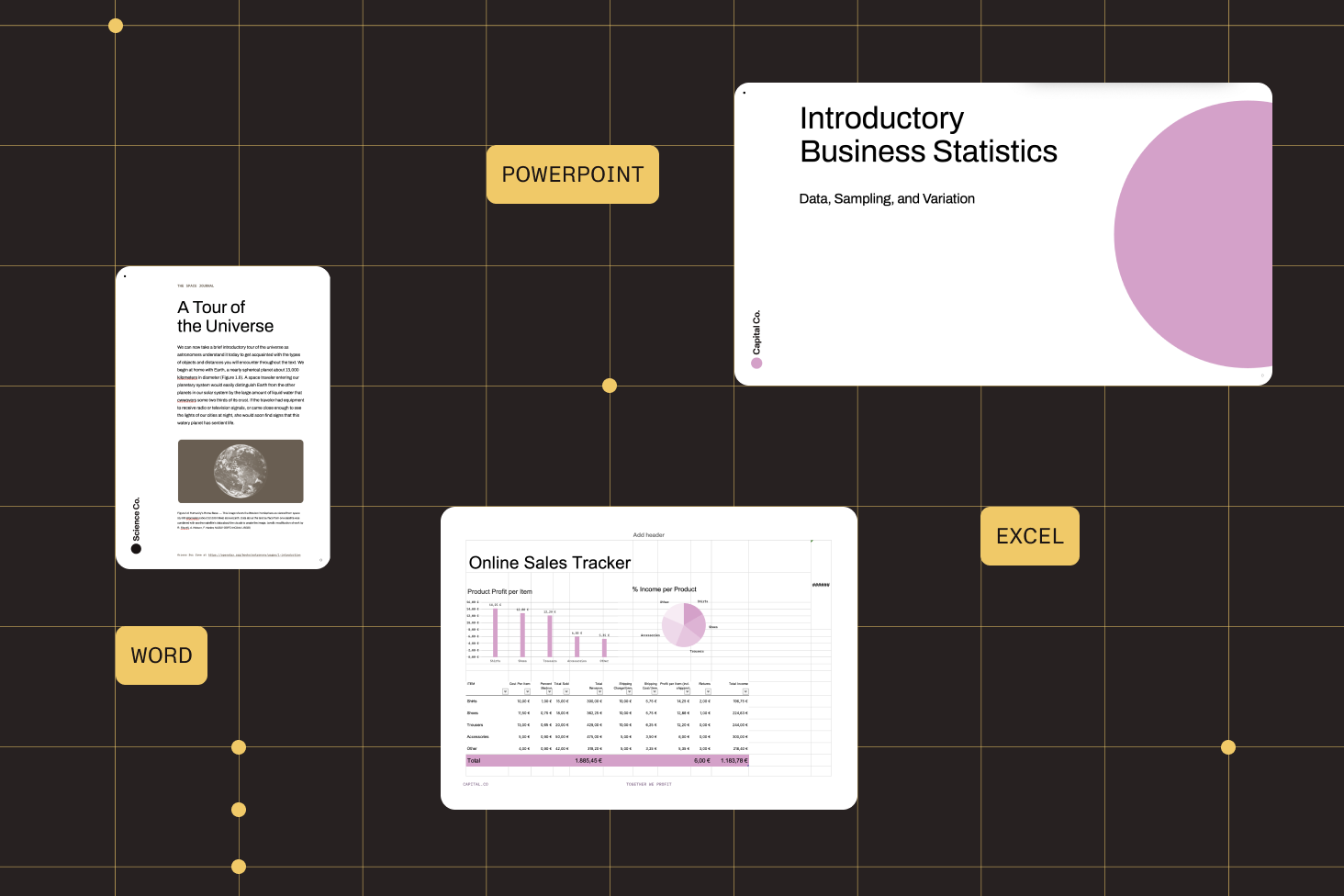 Illustration showing the conversion of Word, Excel, and PowerPoint files