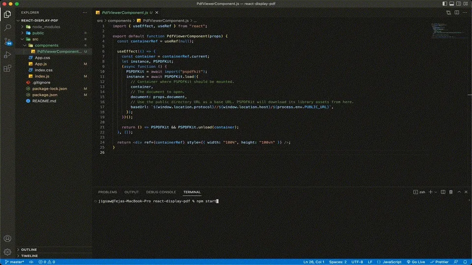 GIF showing the result of displaying a PDF in React