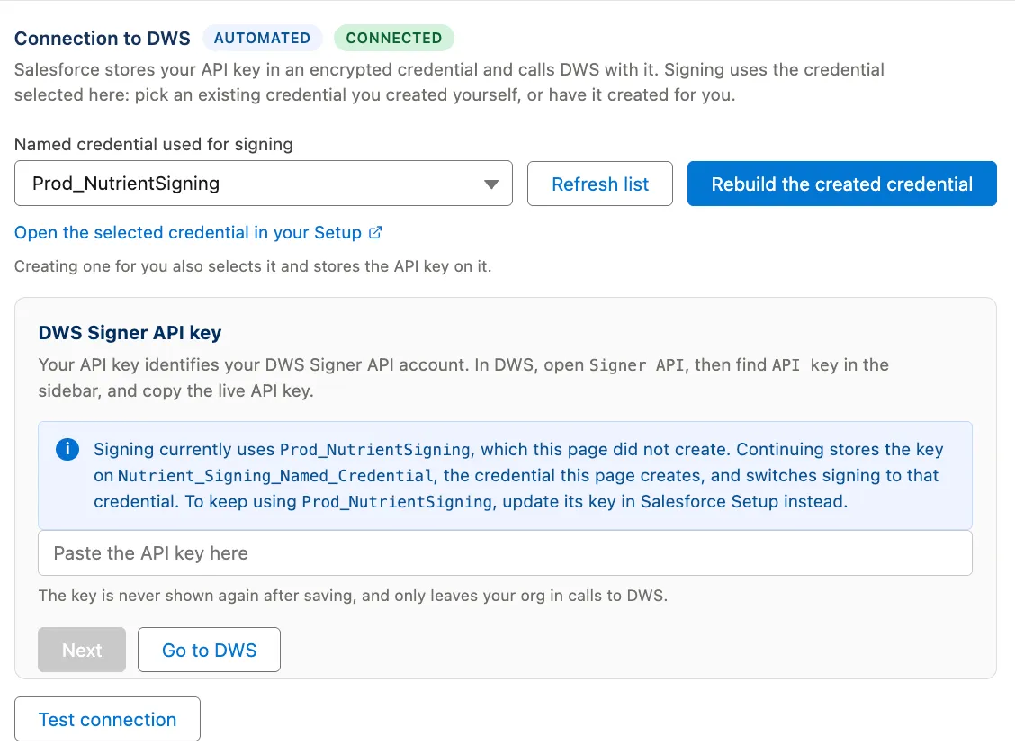 Nutrient Admin Outbound page showing the DWS Signer API key entry panel