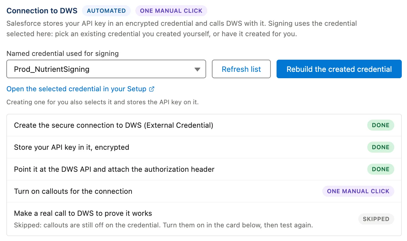 Nutrient Admin Outbound page showing the warning to enable callouts on the selected named credential