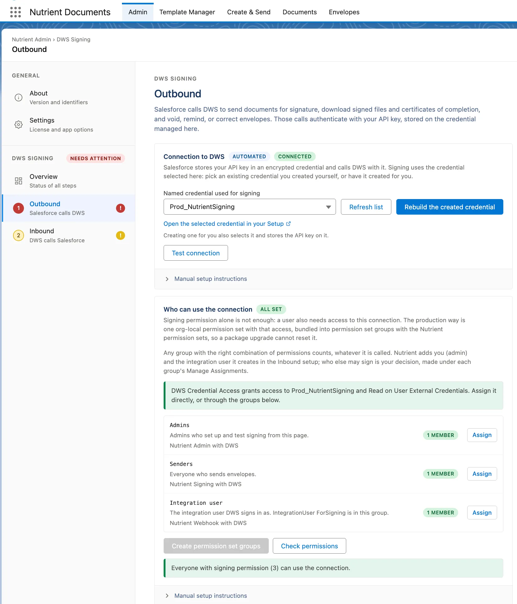 Nutrient Admin Outbound page showing the DWS connection and permission setup sections