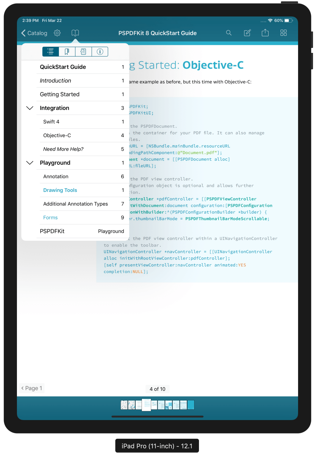 Example of PSPDFOutlineViewController displaying a document outline