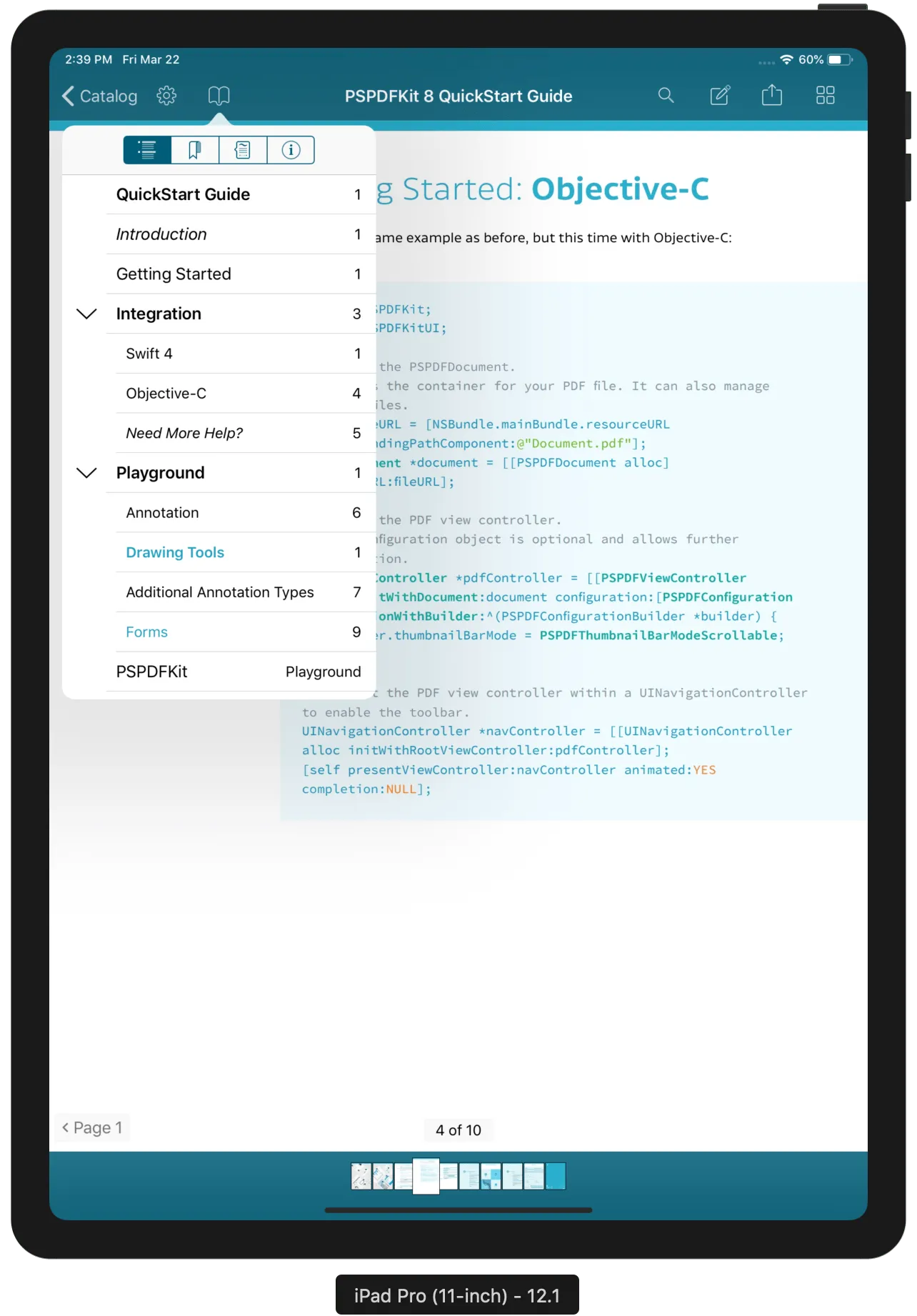Example of PSPDFOutlineViewController displaying a document outline