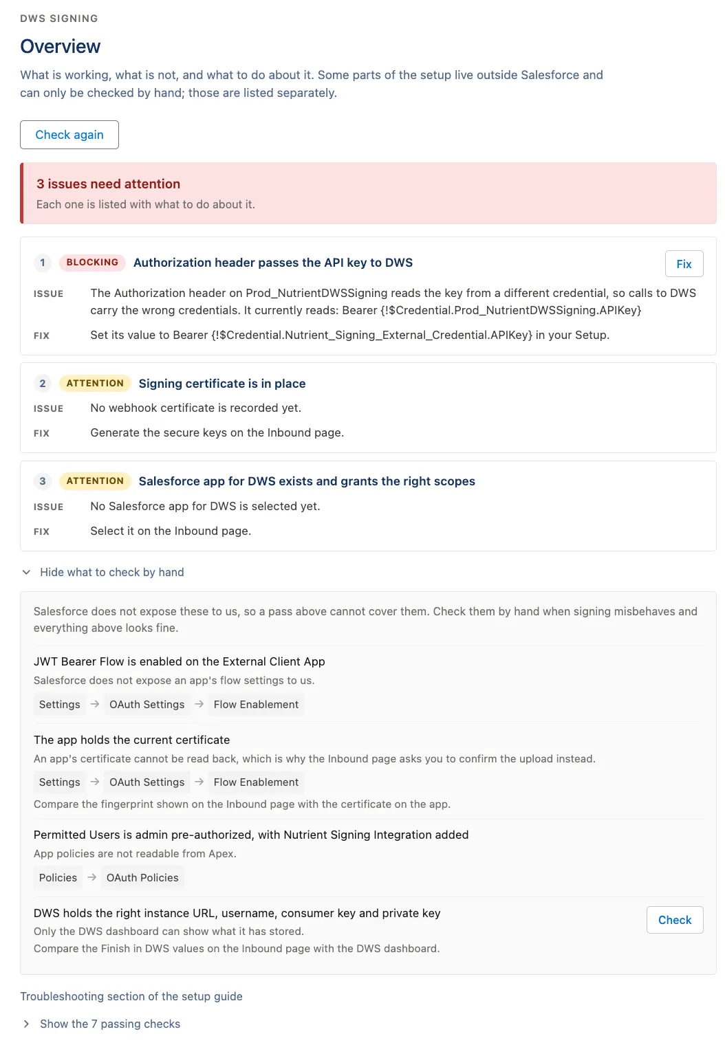 Nutrient Admin DWS Signing Overview page showing a failed check with the issue and fix details expanded