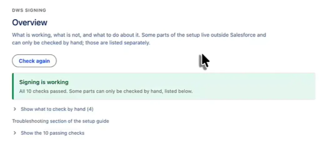 Nutrient Admin DWS Signing Overview page showing successful outbound and inbound setup checks