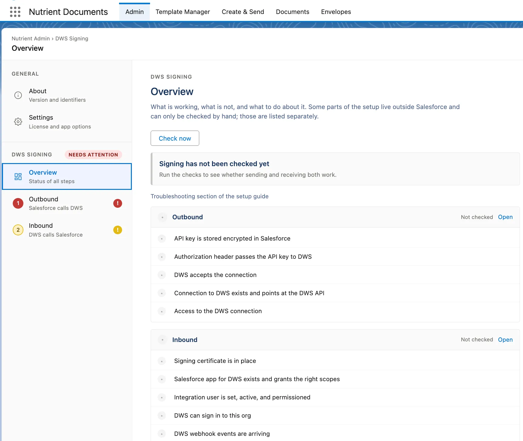 Nutrient Admin DWS Signing Overview page showing outbound and inbound setup checks