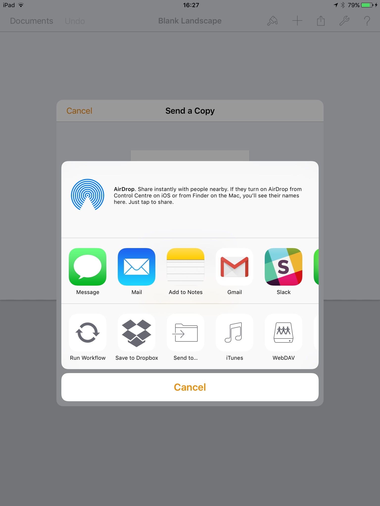 Screen shot of Pages on iPad showing an activity view controller presented as a sheet inside a form sheet