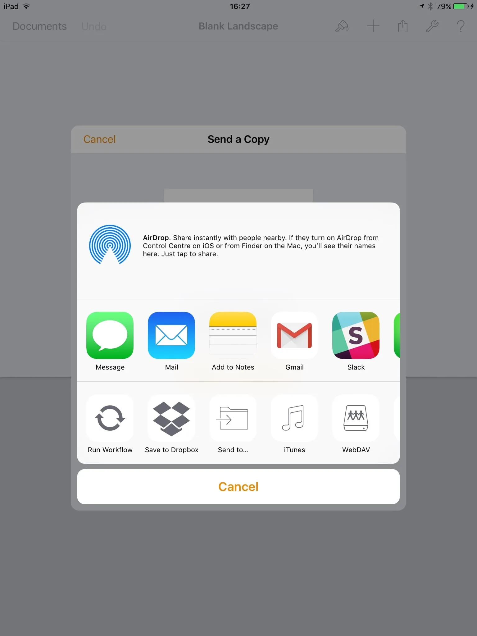 Screen shot of Pages on iPad showing an activity view controller presented as a sheet inside a form sheet