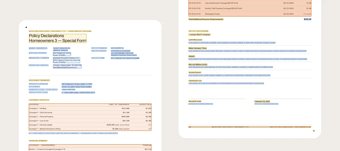 Insurance document parsed into structured Markdown and spatial JSON