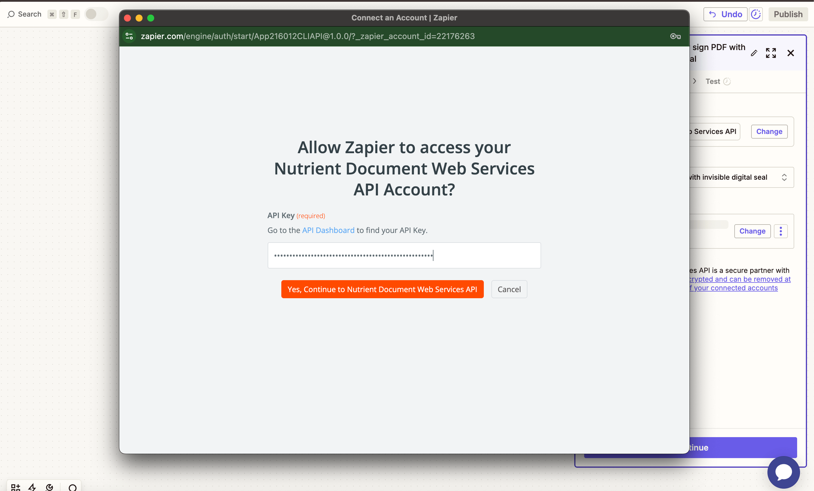 Paste your Nutrient DWS Processor API key to connect your account