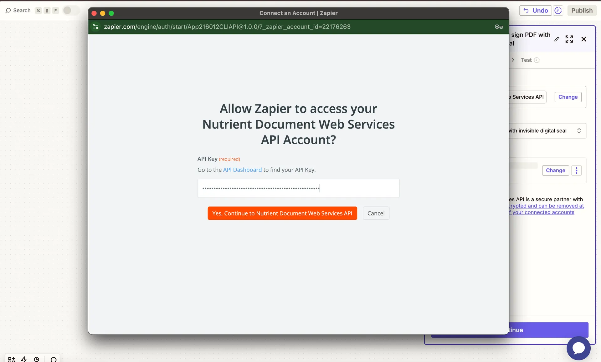 Paste your Nutrient DWS Processor API key to connect your account