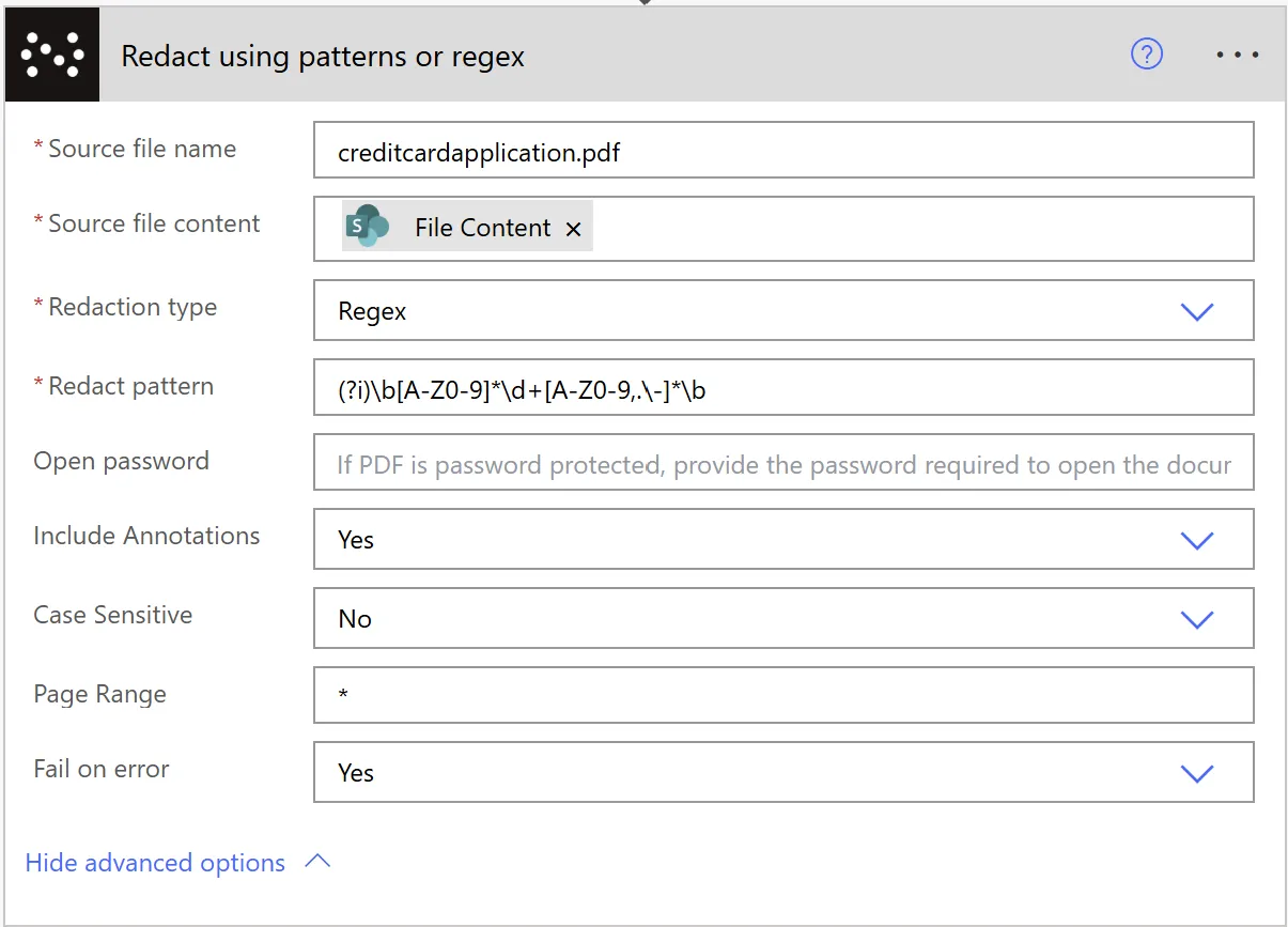 Pattern-based redaction action