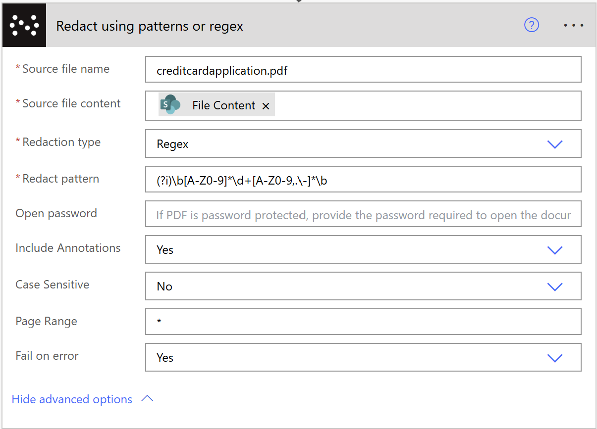 Pattern-based redaction action