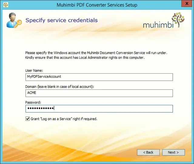 Specify service credentials for Muhimbi PDF Converter