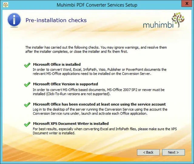 Prerequisites check during Muhimbi installation