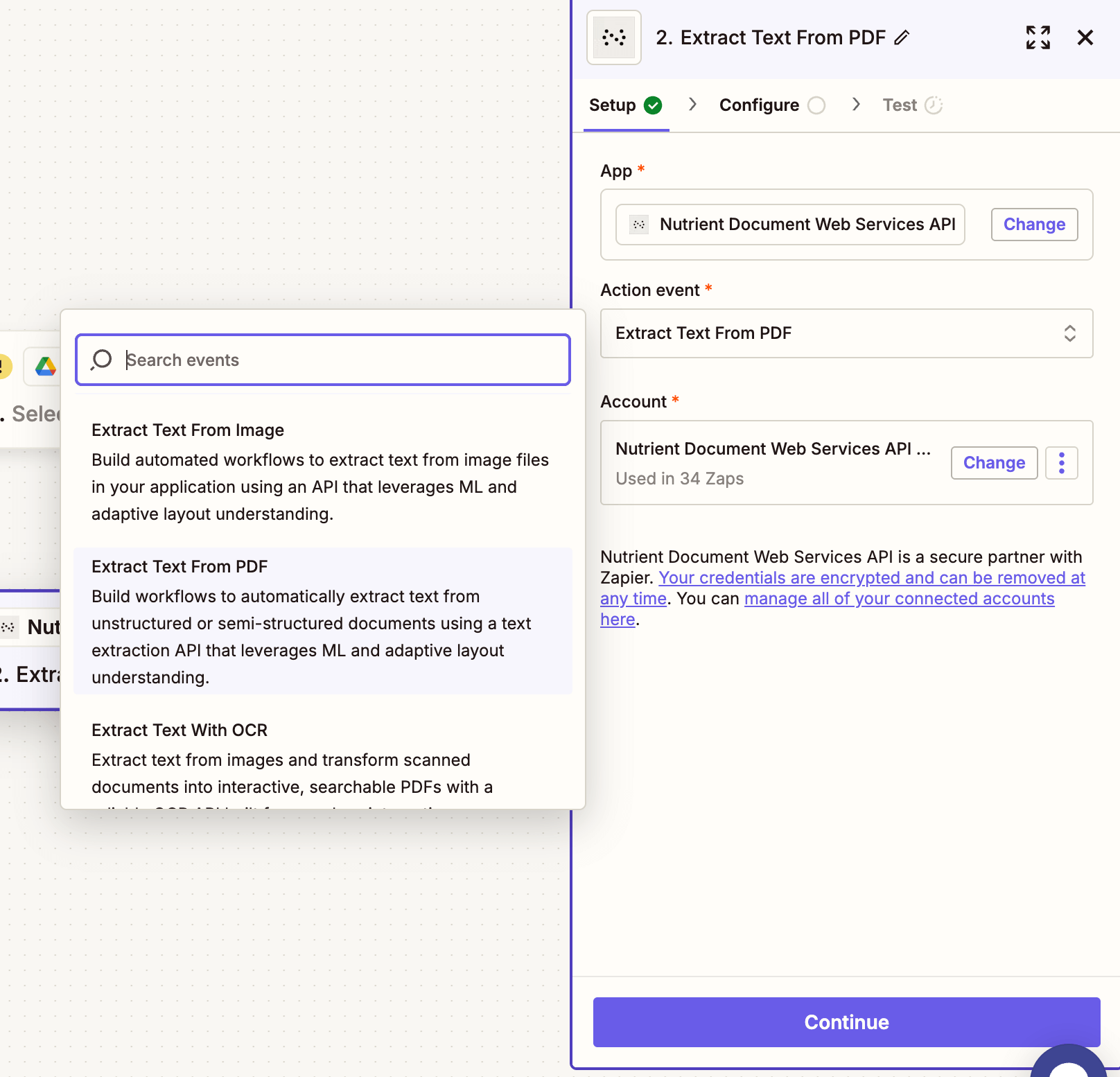 Action dropdown showing 'Extract Text from PDF' selected