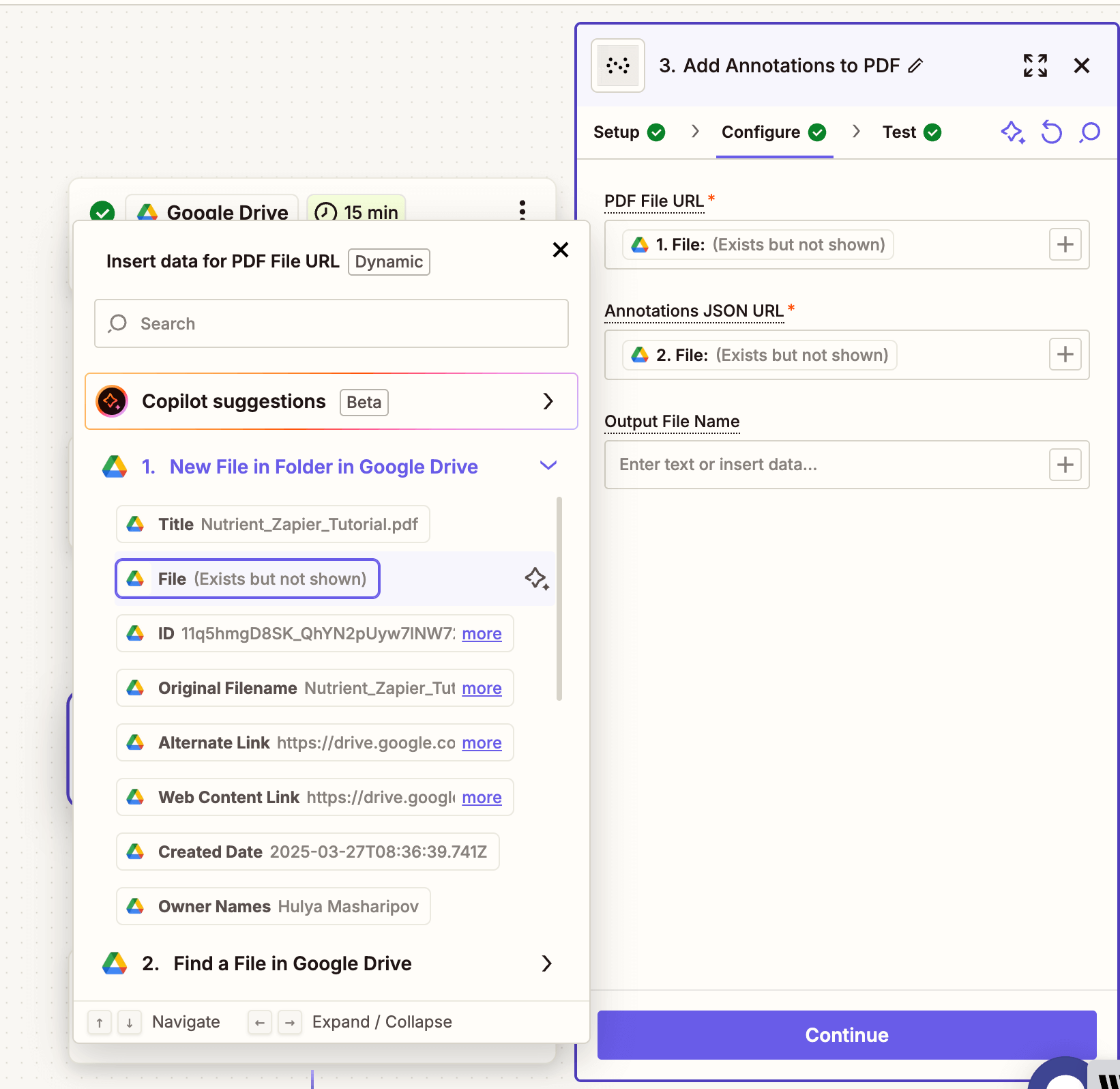 Map the PDF file URL to the action configuration