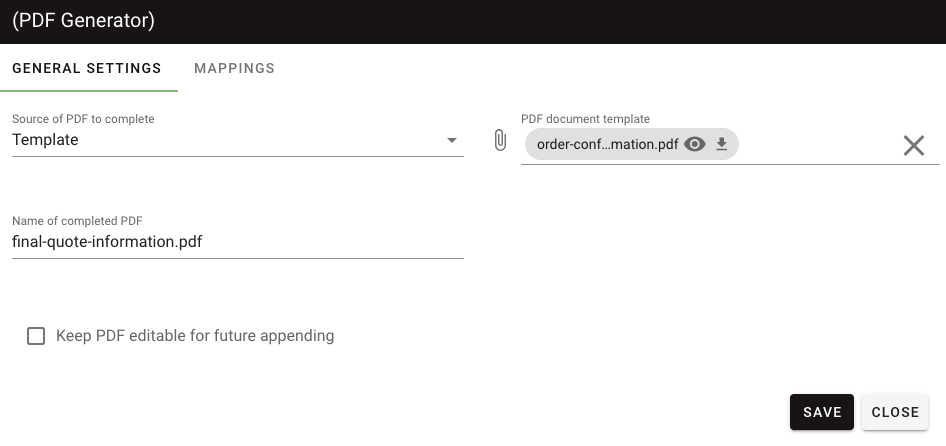 PDF Generator configuration settings showing template selection and output filename