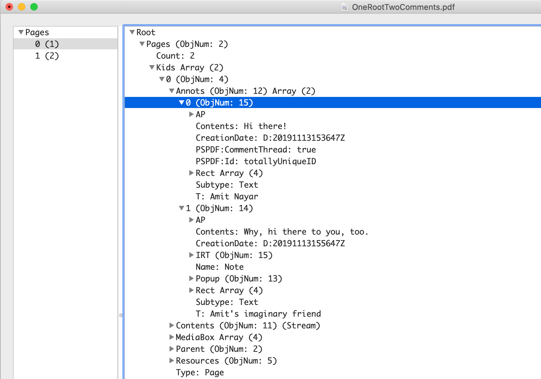 PDF Inspector displaying an Instant Comment thread