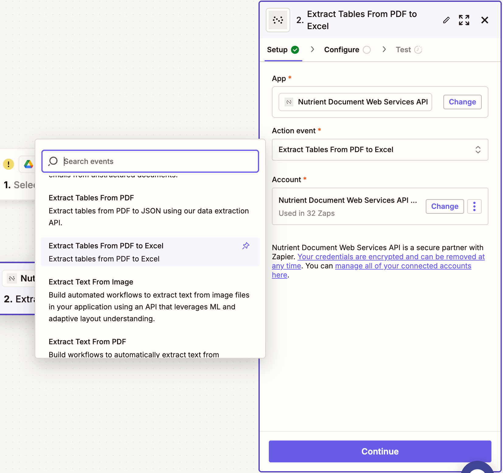 Action 'Convert PDF to Excel (XLSX)' selected