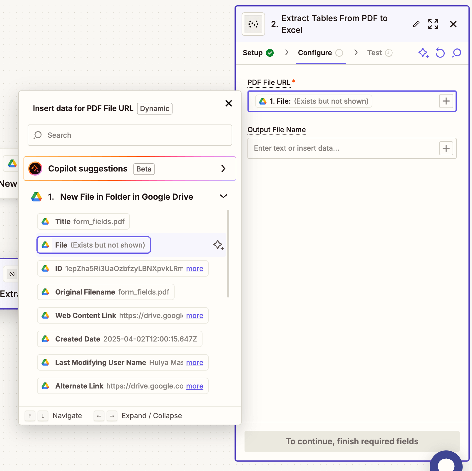 Form fields for PDF file URL and file name