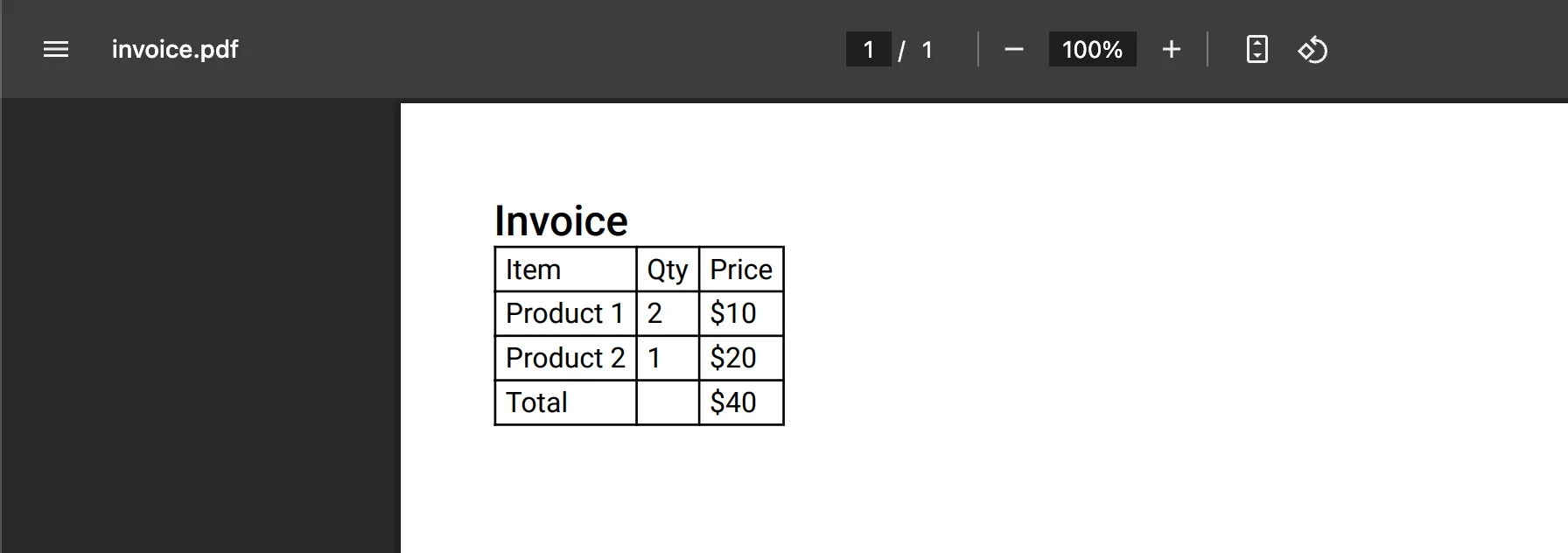 pdfmake generating a PDF from a JavaScript object definition — invoice table example