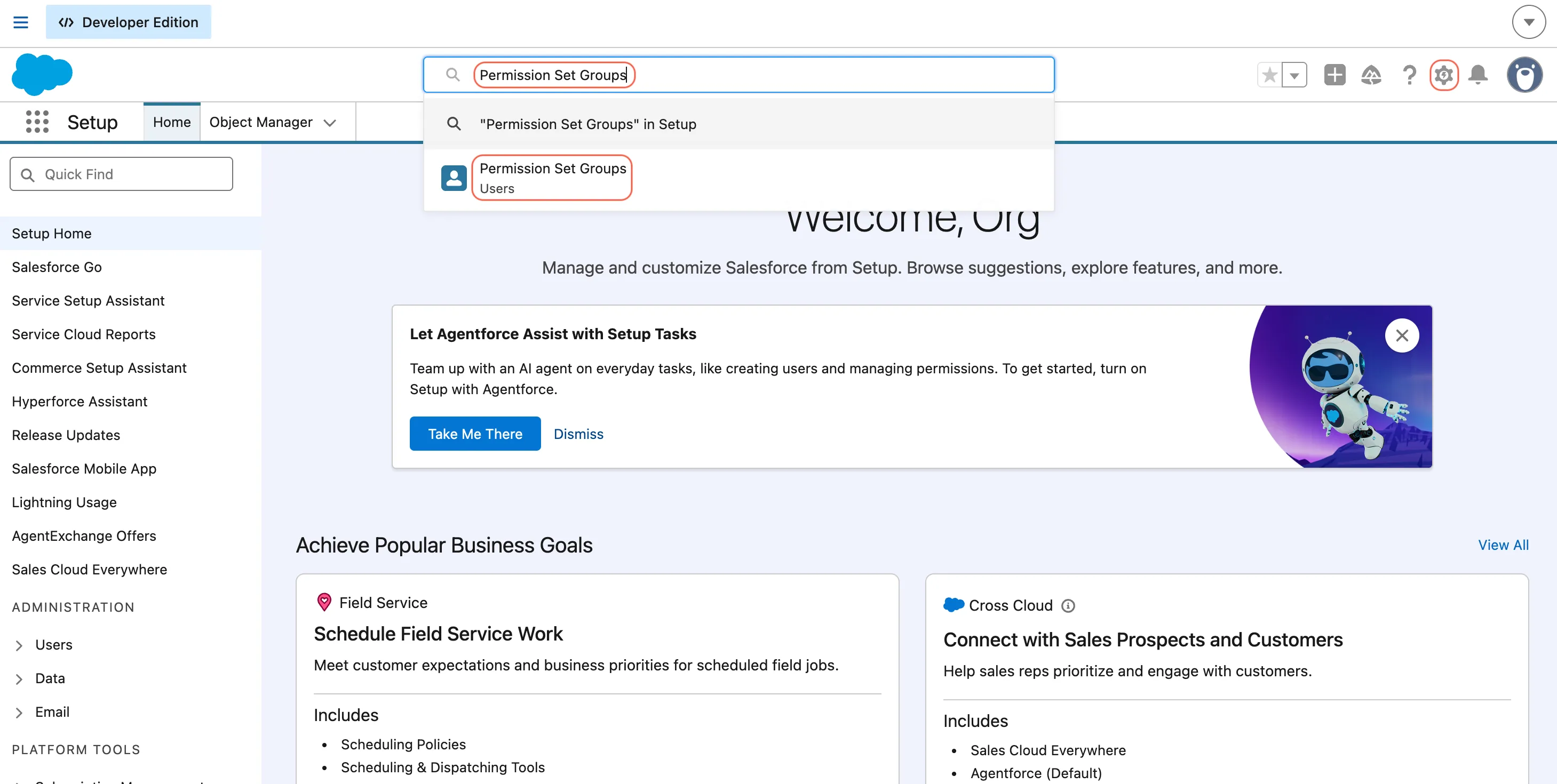 Salesforce Setup showing Permission Set Groups in Quick Find