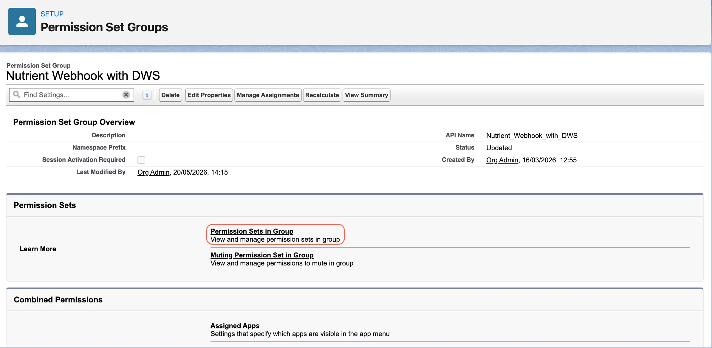 Nutrient Webhook with DWS permission set group showing the Permission Sets in Group link