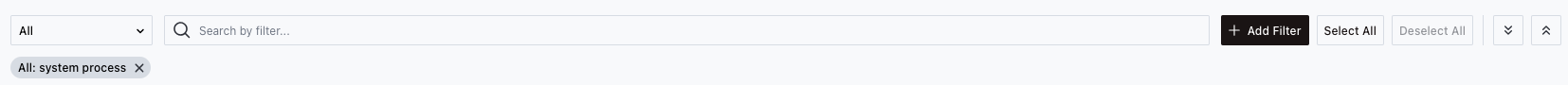 Action bar showing the All filter dropdown, search input, Add Filter button, Select All and Deselect All buttons, expand and collapse buttons, and an active filter pill