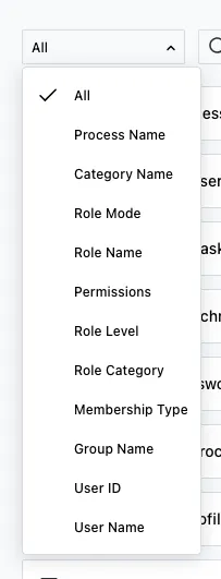 Filter field dropdown showing available options: All, Process Name, Category Name, Role Mode, Role Name, Permissions, Role Level, Role Category, Membership Type, Group Name, User ID, and User Name