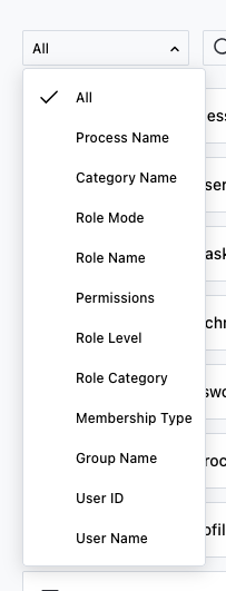 Filter field dropdown showing available options: All, Process Name, Category Name, Role Mode, Role Name, Permissions, Role Level, Role Category, Membership Type, Group Name, User ID, and User Name