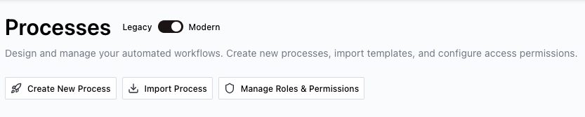 Processes page showing the Manage Roles and Permissions button in the toolbar