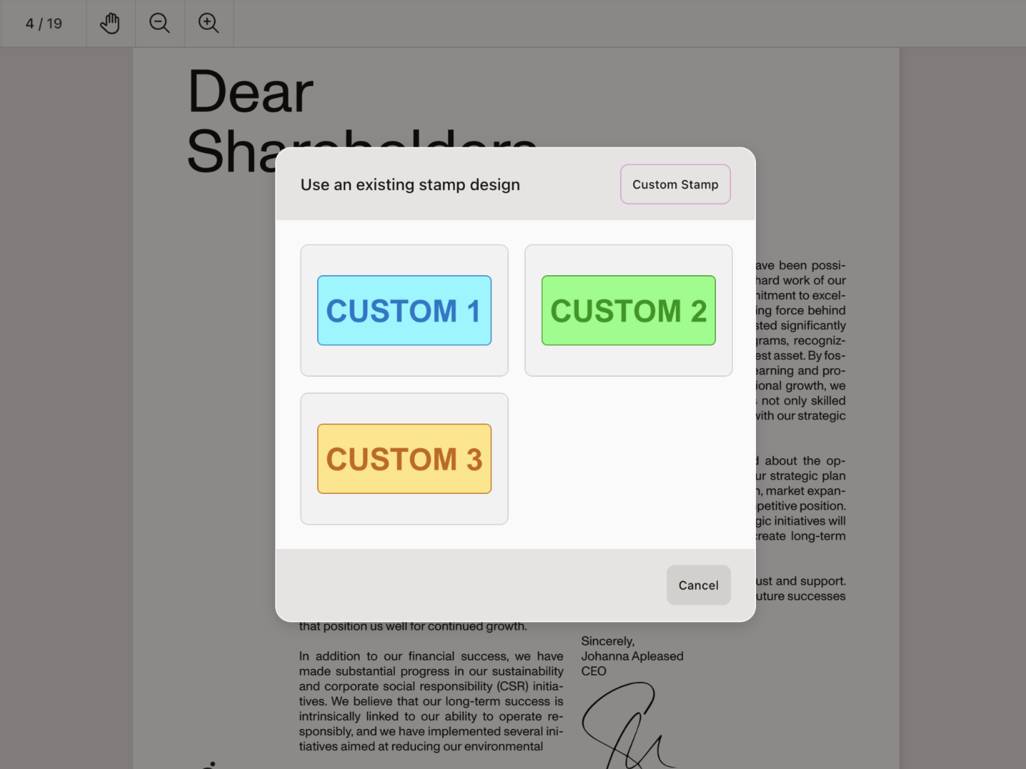 Stamp picker dialog with a custom set of default stamps