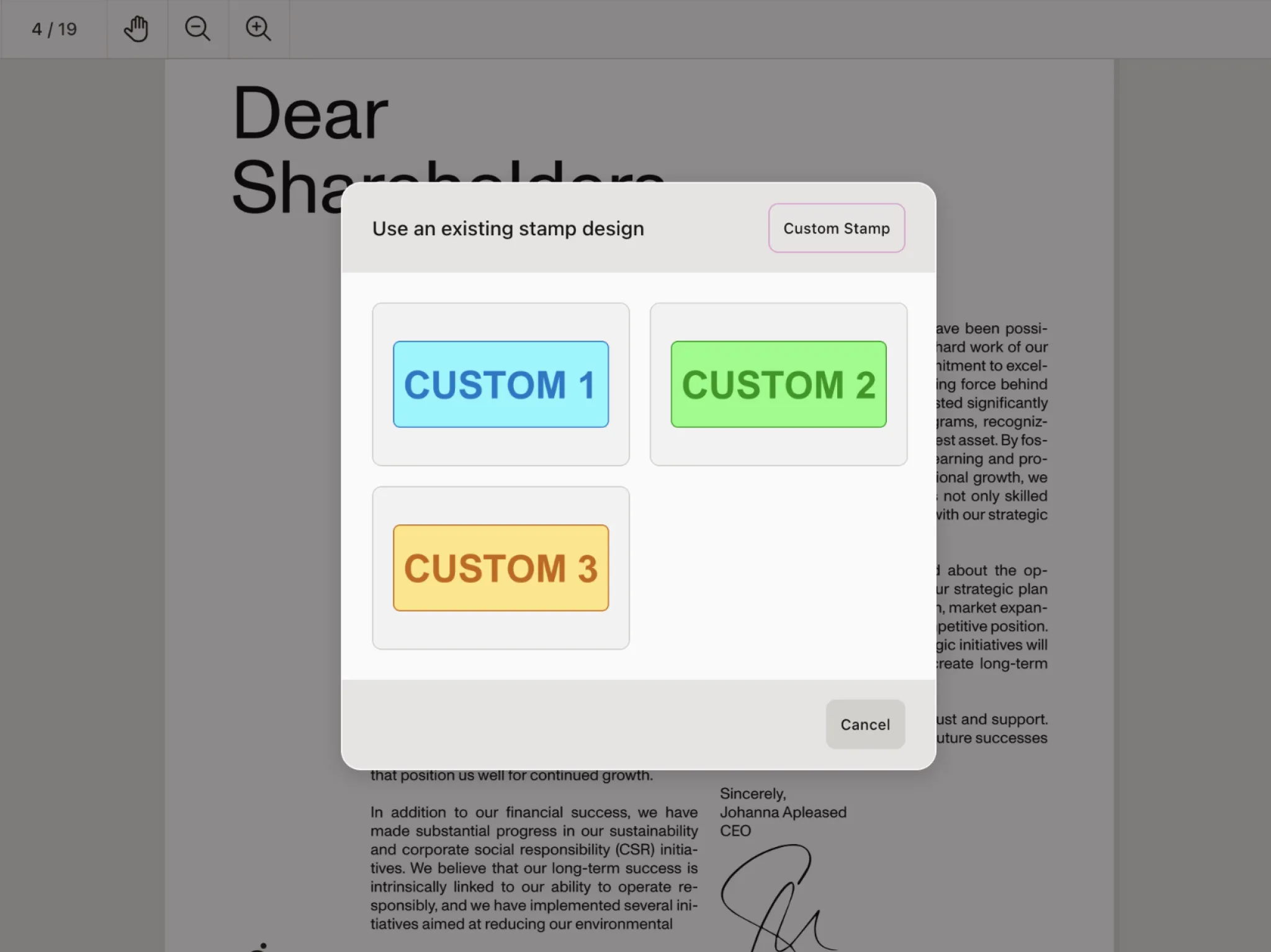 Stamp picker dialog with a custom set of default stamps