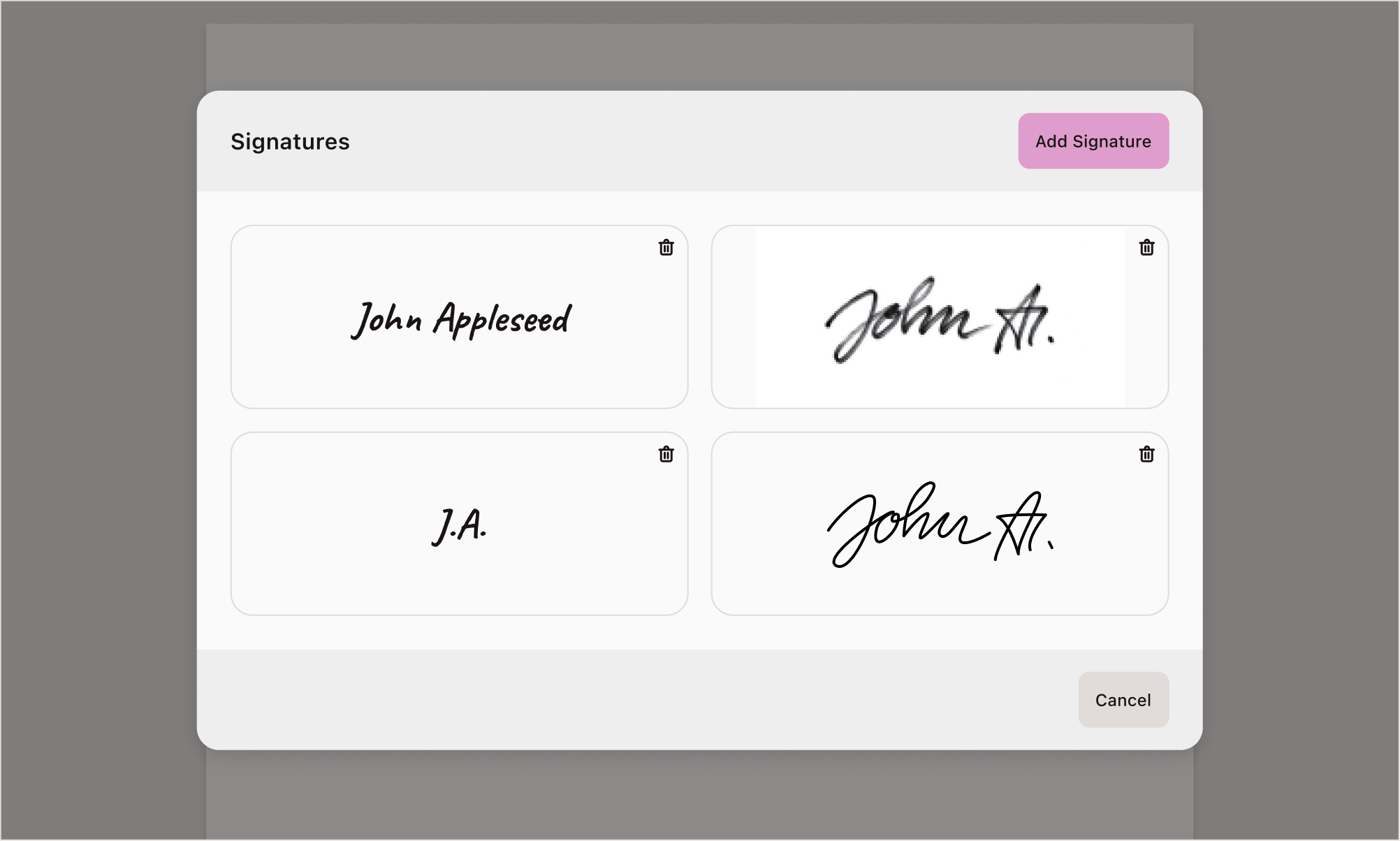 Screenshot showing list with two signatures: John Appleseed and J.A.