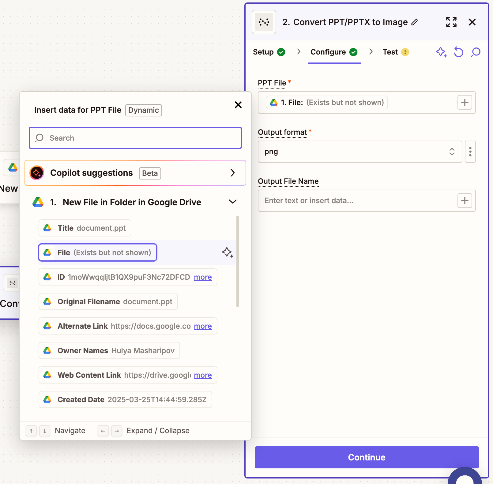Action configuration showing PowerPoint URL and format settings