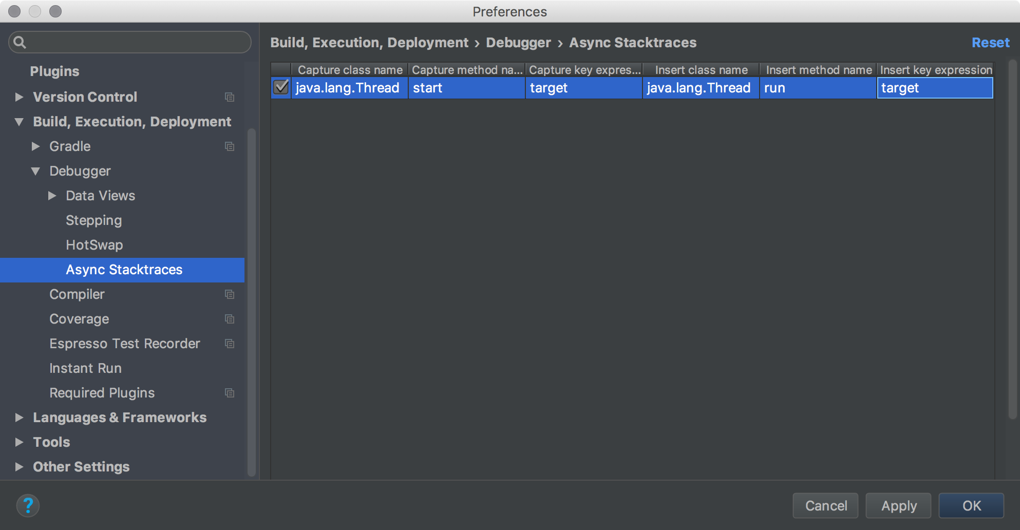 Async stacktrace preferences