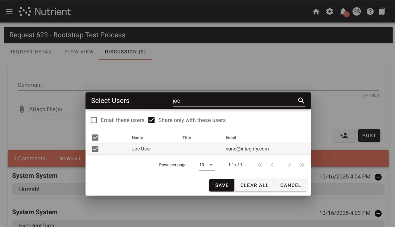 Dialog showing private message creation with user selection