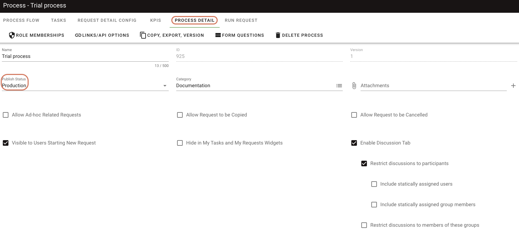Process Detail tab with Publish Status