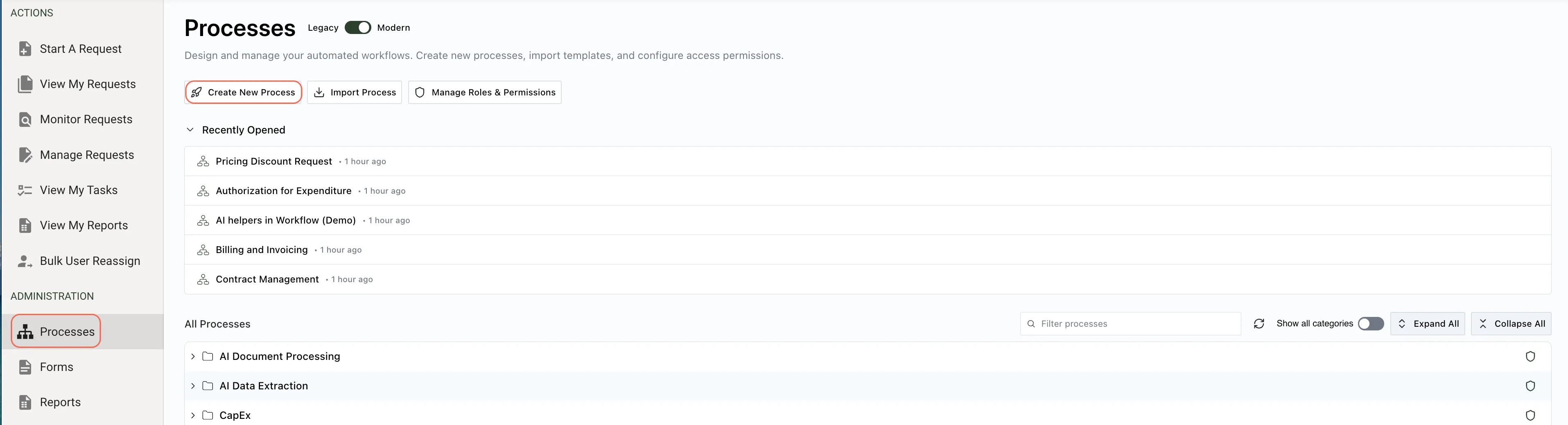 Process library main interface showing available processes