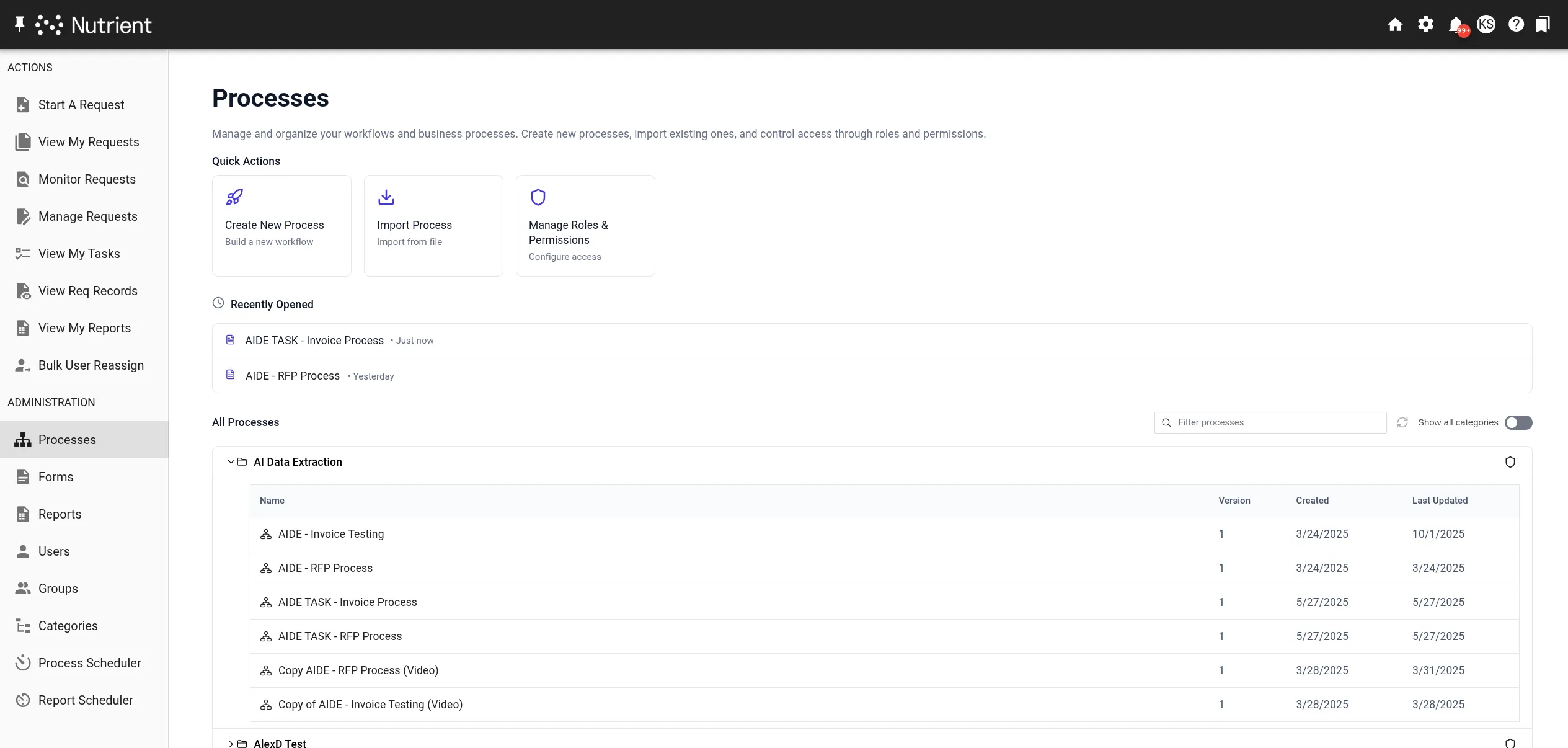 Process Library main interface showing available processes