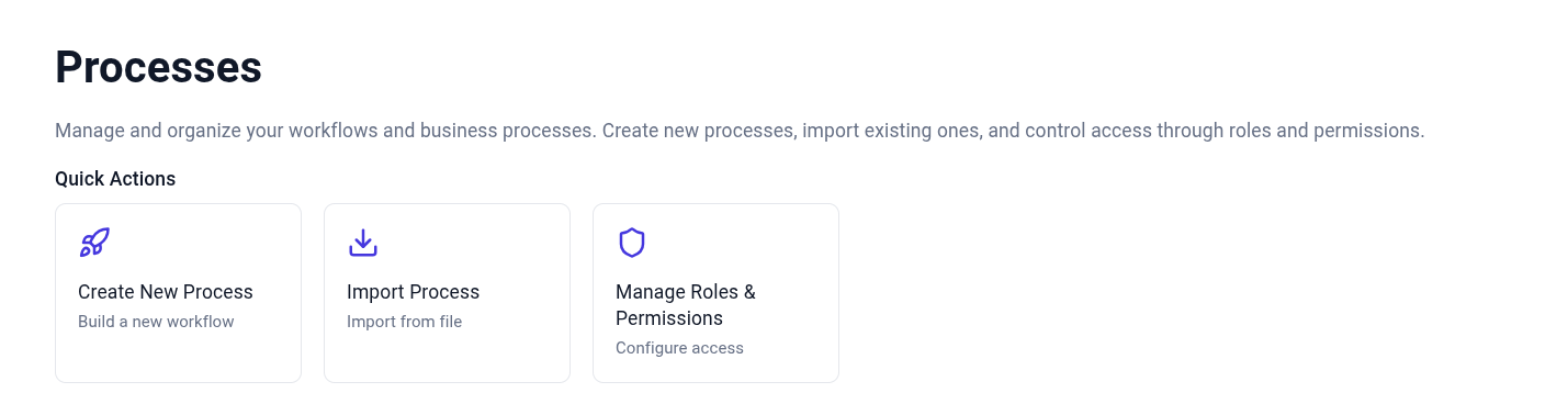Quick actions menu with create, import, and manage options