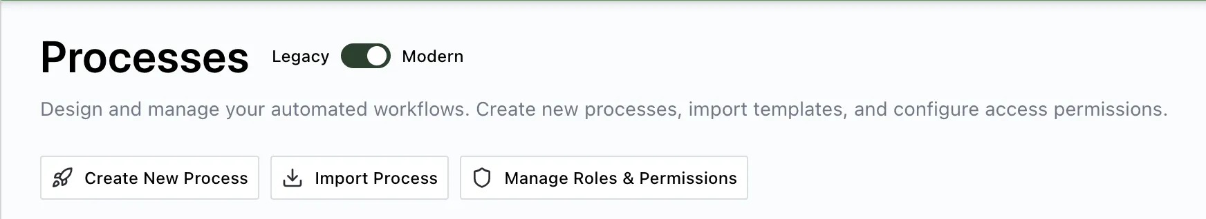 Action buttons at the top of the Process library page