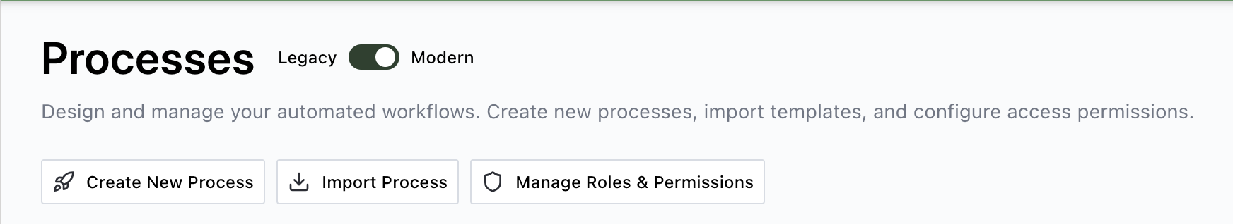 Action buttons at the top of the Process library page