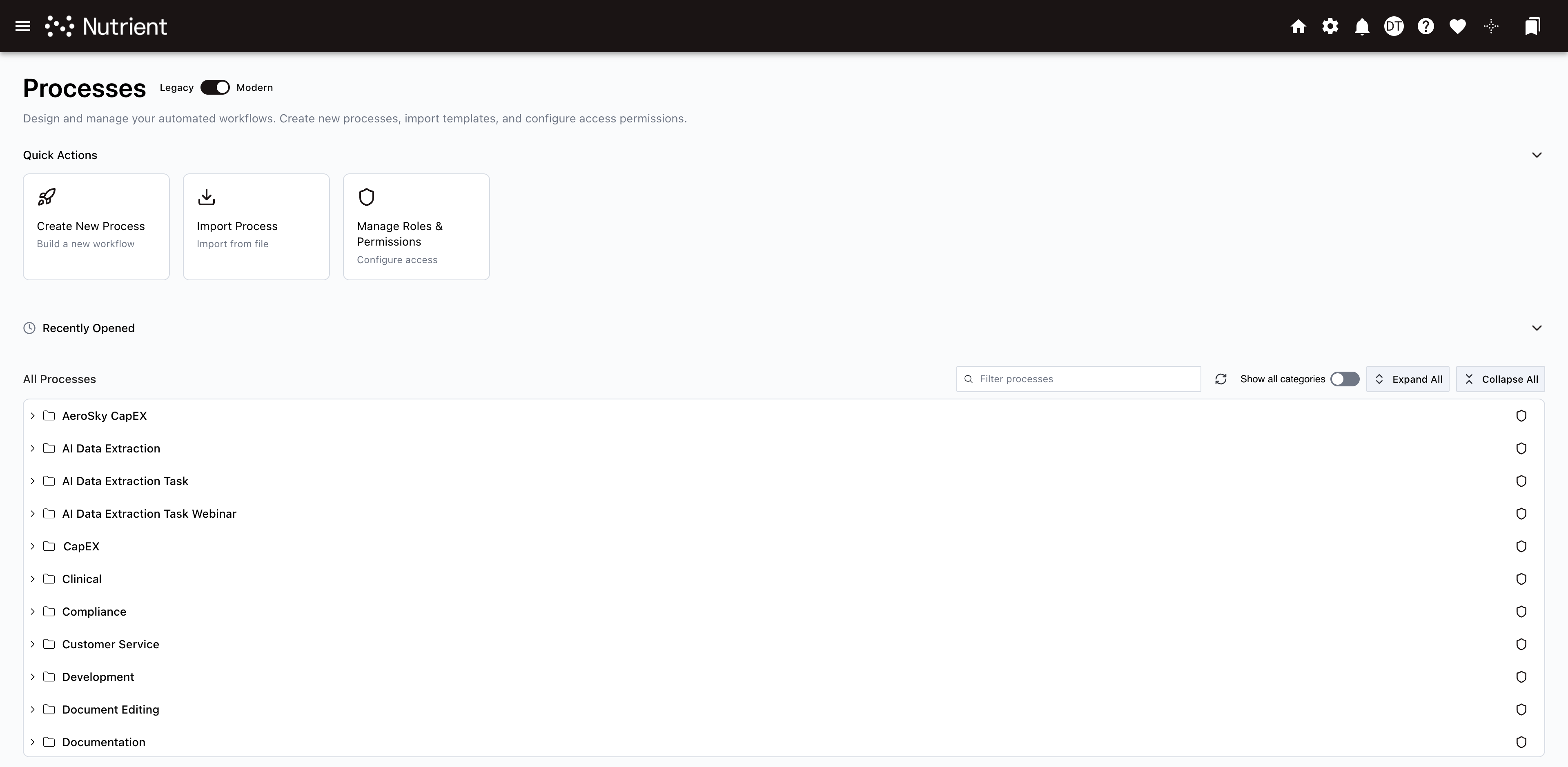 Processes page showing Quick Actions with Create New Process option