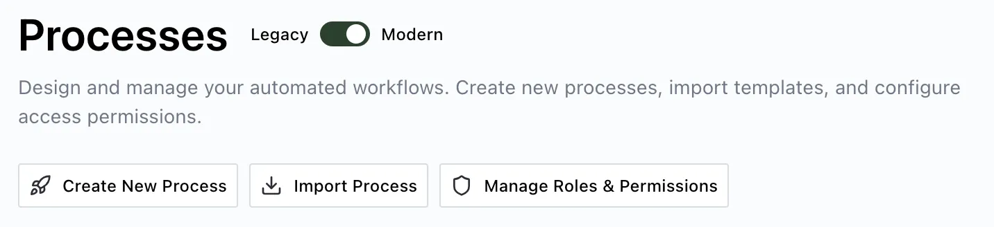 Processes page showing Import Process option