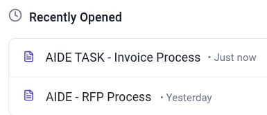 Recently opened processes section displaying recent workflow processes